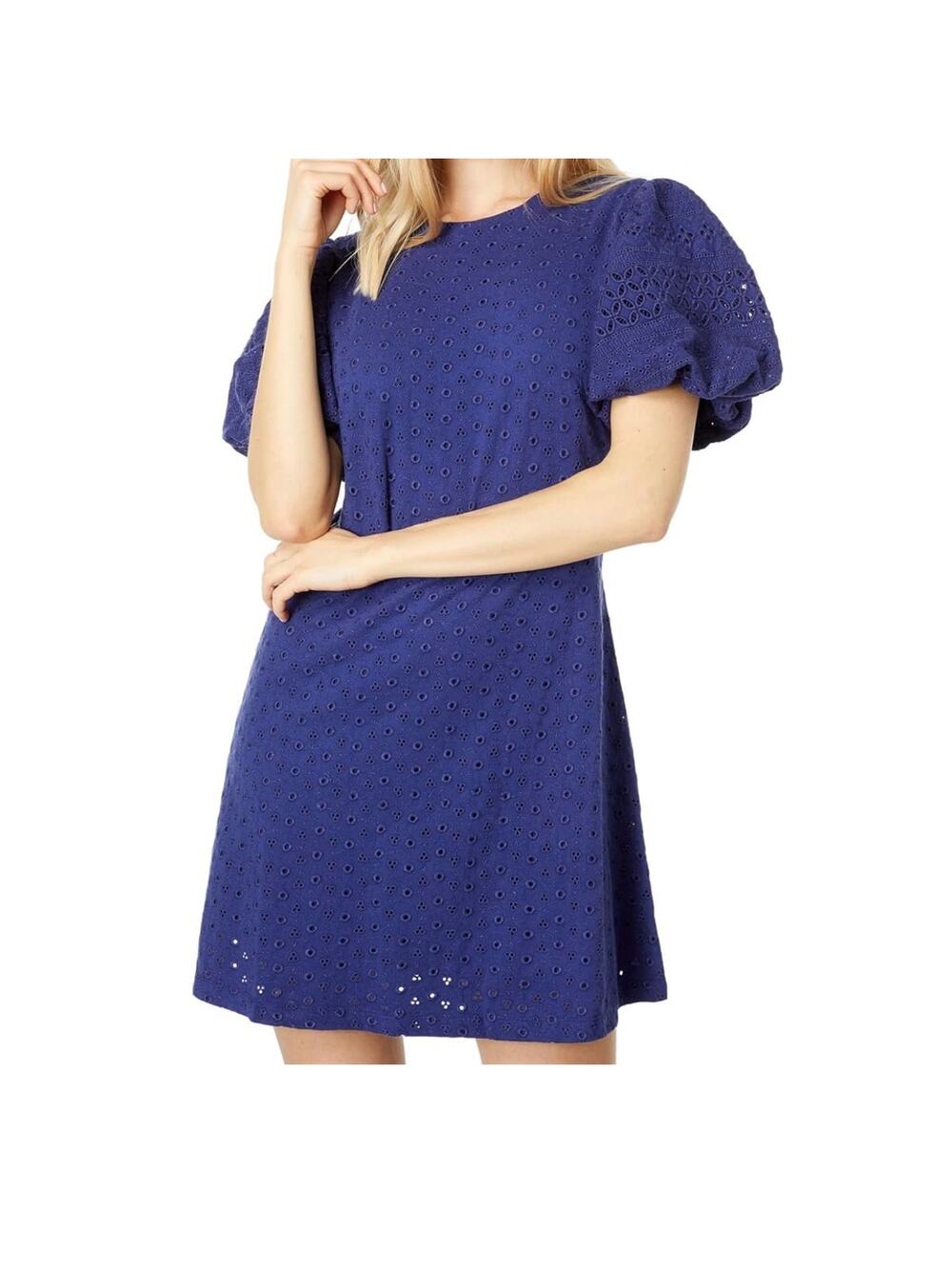 Free People Apricot Rose Eyelet Puff Sleeve Mini Dress Women's Medium Navy Blue